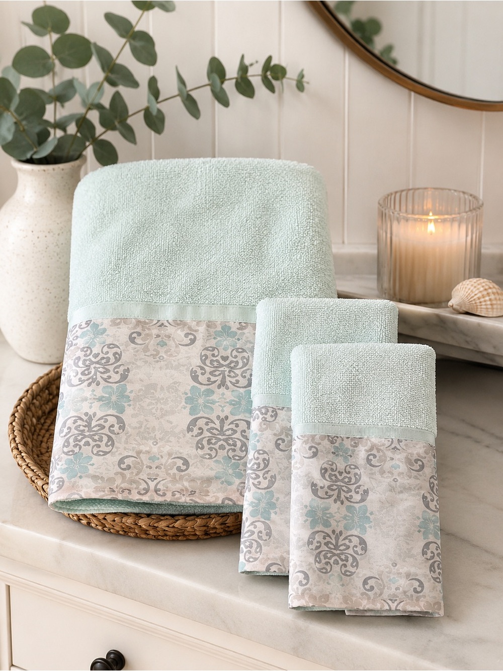 Vintage Mint Green Bath Towel Set with Damask Trim